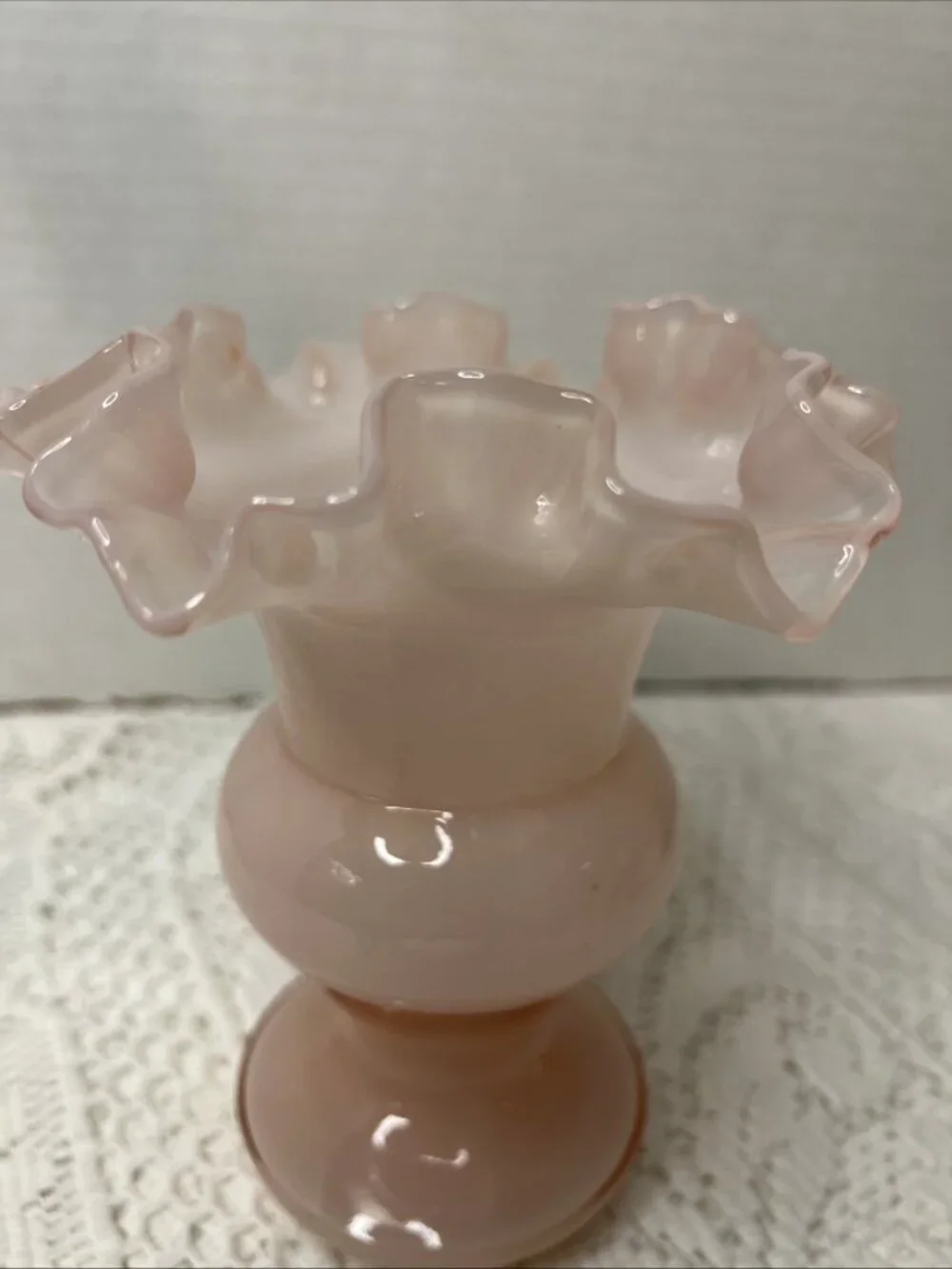 Fenton Glass Pink Melon Overlay Vase Ruffle Top 6.25